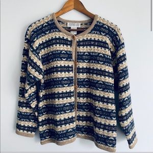 Vintage Jacob Jr. Beige Navy 100% Wool Cardigan